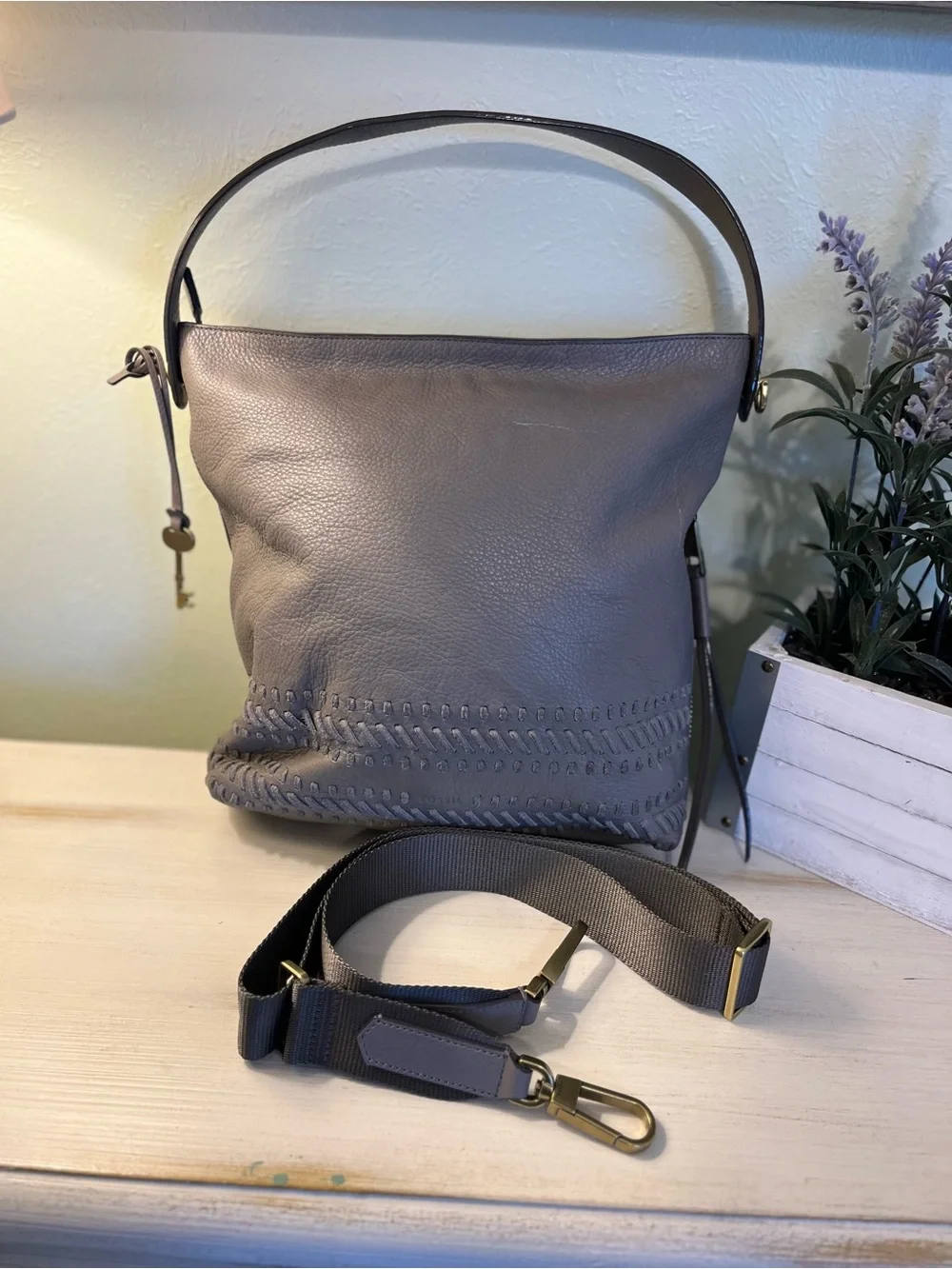 Fossil Maya Hobo Gray Leather Purse ZB7191 w/ Key Excellent Condition